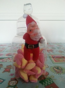 Pear drops from Candy Stripes sweet shop on Flixton Rd.  The vintage Santa is from Mrs M Vintage, just across the road.